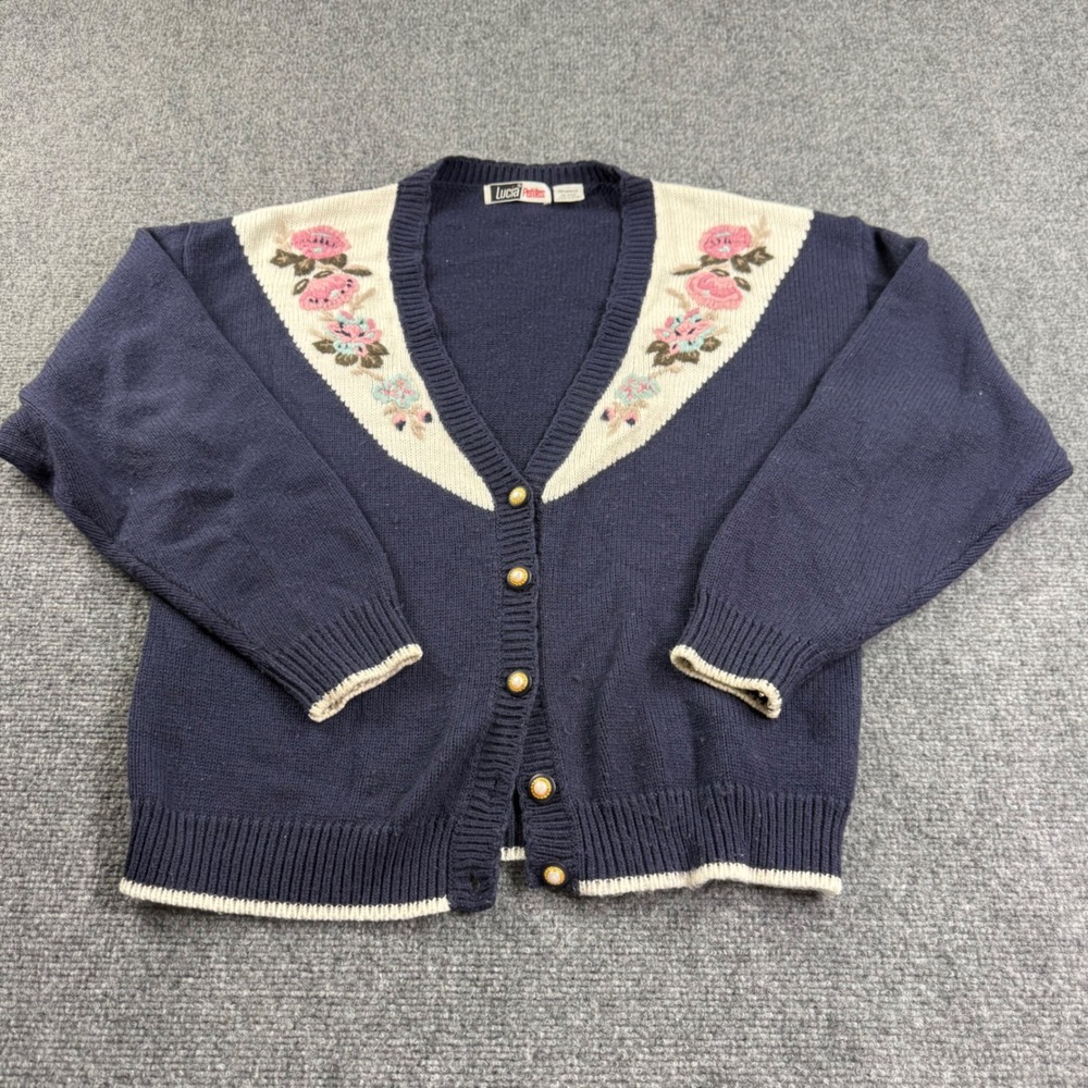 Lucia Petites Cardigan Sweater S Navy Blue Floral Embroidered V-Neck Women - Picture 2 of 7
